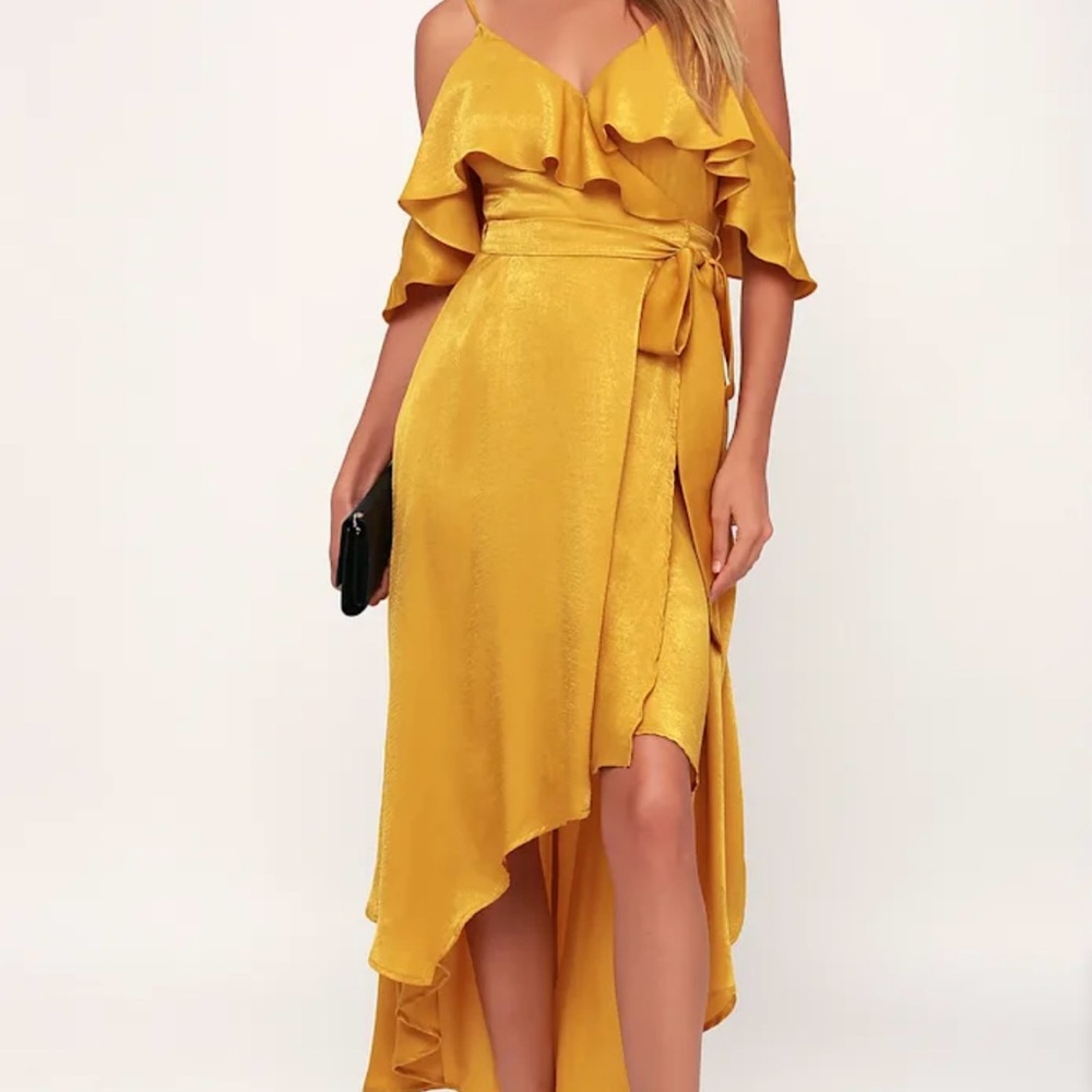 NWT Lulus Layla Mustard Yellow Satin Off-the-Shoulder Wrap Dress – Size Large